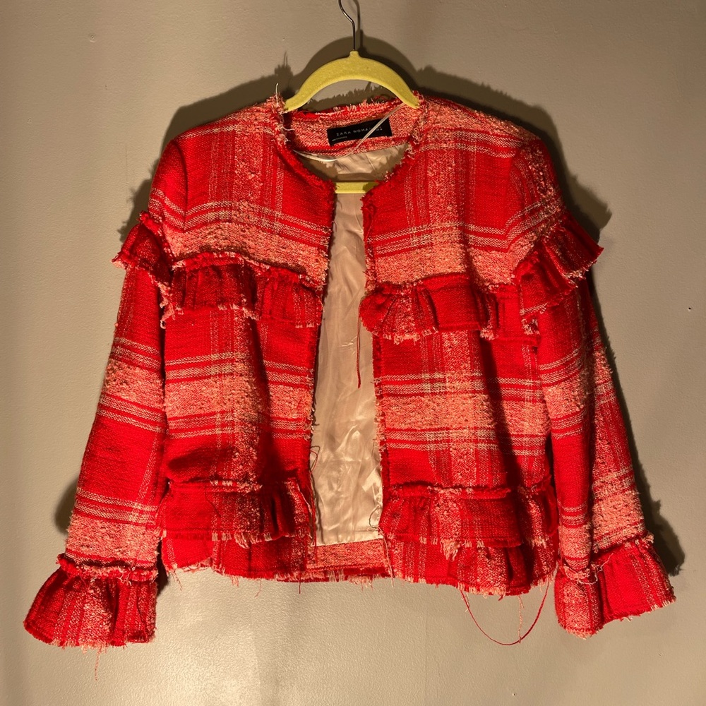 Plaid tweed red Zara jacket size Medium